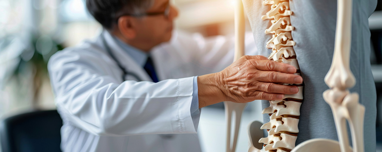 Doctor demonstrating spinal anatomy using a spine model, emphasizing spine, neck, and back health.